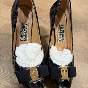 Salvatore Ferragamo Black Patent Heels with Gold Buckle